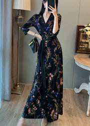 Fitted Black Tunic Print Side Open Long Dresses Summer