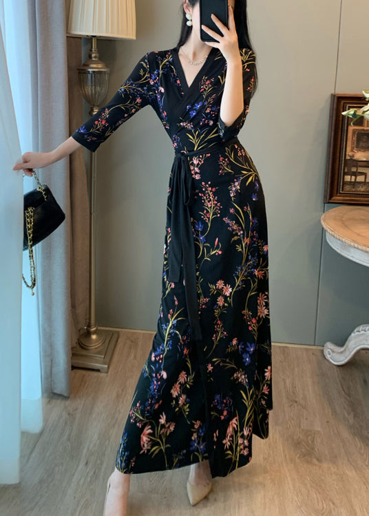 Fitted Black Tunic Print Side Open Long Dresses Summer