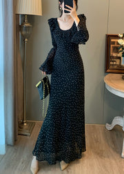 Fitted Black U Neck Print Chiffon Robe Dresses Flare Sleeve