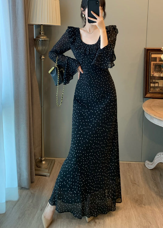 Fitted Black U Neck Print Chiffon Robe Dresses Flare Sleeve