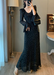 Fitted Black U Neck Print Chiffon Robe Dresses Flare Sleeve