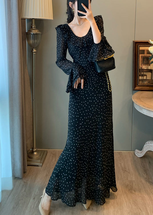 Fitted Black U Neck Print Chiffon Robe Dresses Flare Sleeve