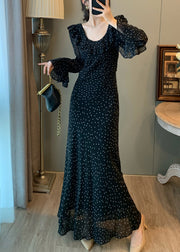 Fitted Black U Neck Print Chiffon Robe Dresses Flare Sleeve