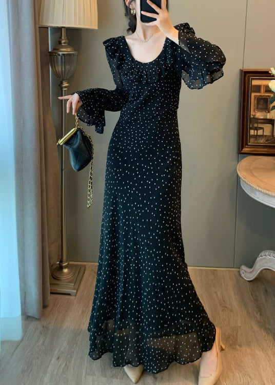 Fitted Black U Neck Print Chiffon Robe Dresses Flare Sleeve