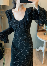 Fitted Black U Neck Print Chiffon Robe Dresses Flare Sleeve