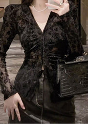 Fitted Black V Neck Flocking Lace Top Spring