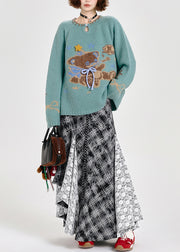 Fitted Blue Oversized Cute Bear Knit Sweater Tops Winter