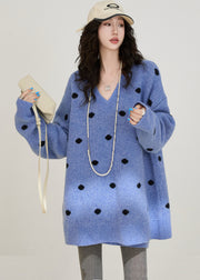 Fitted Blue Oversized Dot Knit Two Pieces Set Winter