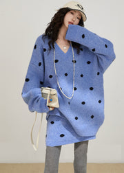 Fitted Blue Oversized Dot Knit Two Pieces Set Winter