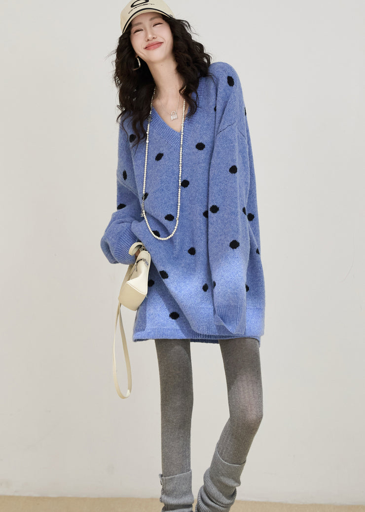 Fitted Blue Oversized Dot Knit Two Pieces Set Winter