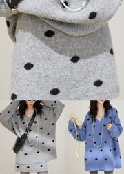 Fitted Blue Oversized Dot Knit Two Pieces Set Winter