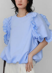 Fitted Blue Ruffled Cotton Tanks Puff Sleeve