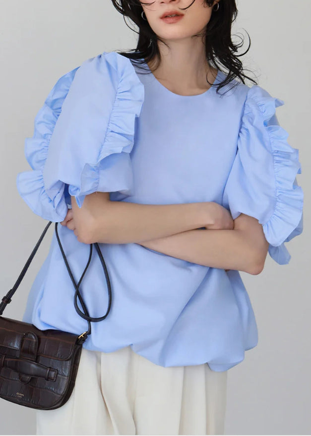 Fitted Blue Ruffled Cotton Tanks Puff Sleeve