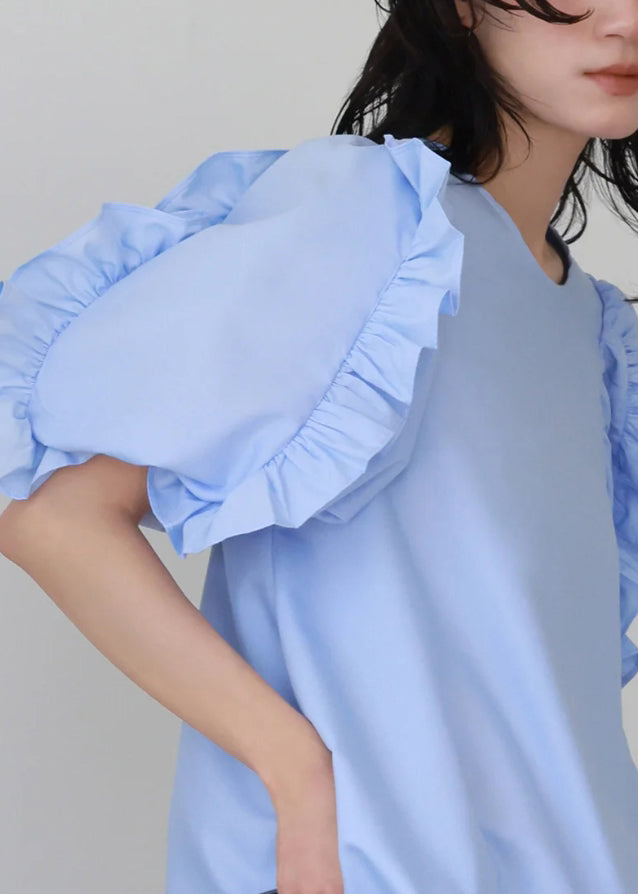 Fitted Blue Ruffled Cotton Tanks Puff Sleeve