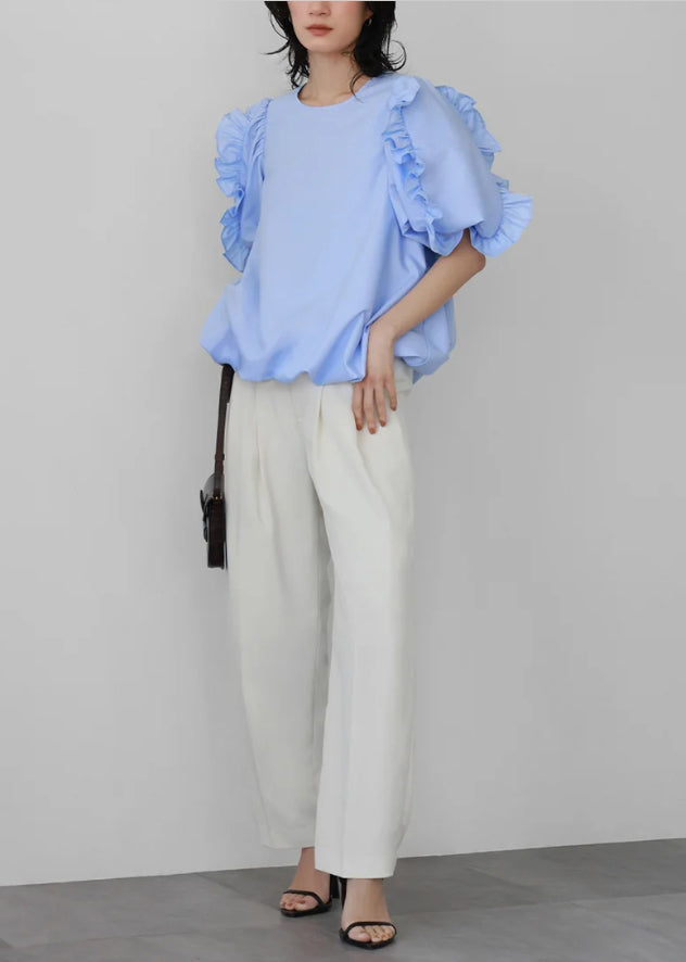 Fitted Blue Ruffled Cotton Tanks Puff Sleeve