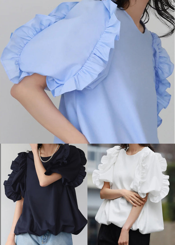 Fitted Blue Ruffled Cotton Tanks Puff Sleeve