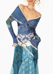 Fitted Blue Slash Neck Lace Patchwork Wrinkled Tulle Tops Fall