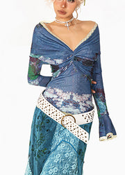 Fitted Blue Slash Neck Lace Patchwork Wrinkled Tulle Tops Fall