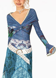 Fitted Blue Slash Neck Lace Patchwork Wrinkled Tulle Tops Fall