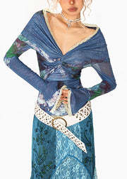 Fitted Blue Slash Neck Lace Patchwork Wrinkled Tulle Tops Fall