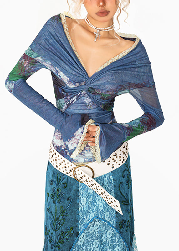 Fitted Blue Slash Neck Lace Patchwork Wrinkled Tulle Tops Fall