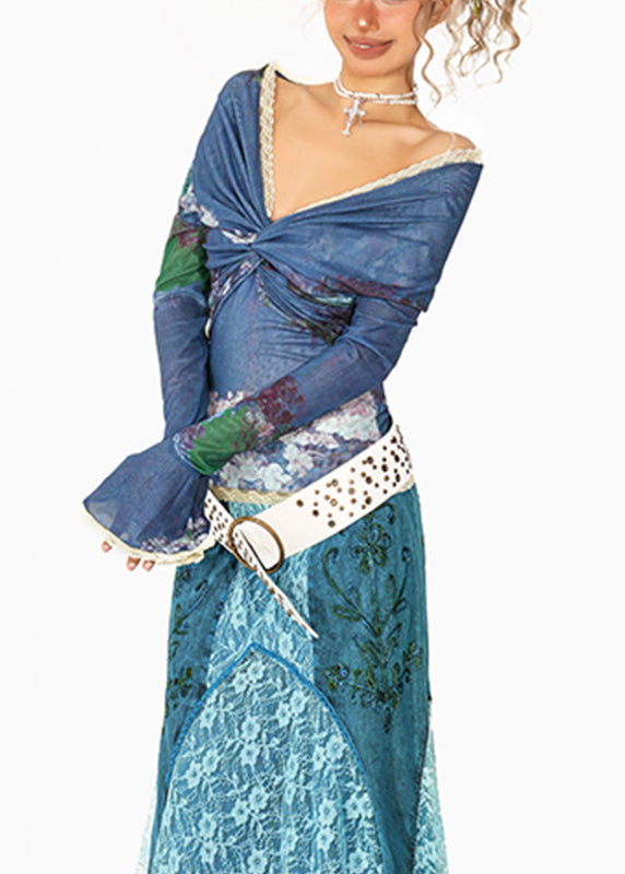 Fitted Blue Slash Neck Lace Patchwork Wrinkled Tulle Tops Fall