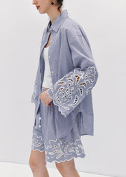 Fitted Blue Striped Hollow Out Embroidered Cotton Two Pieces Set Summer