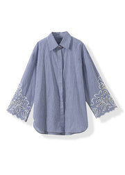 Fitted Blue Striped Hollow Out Embroidered Cotton Two Pieces Set Summer