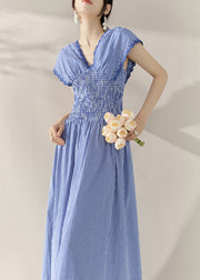 Fitted Blue V Neck Plaid Elastic Waist Holiday Long Dress Summer