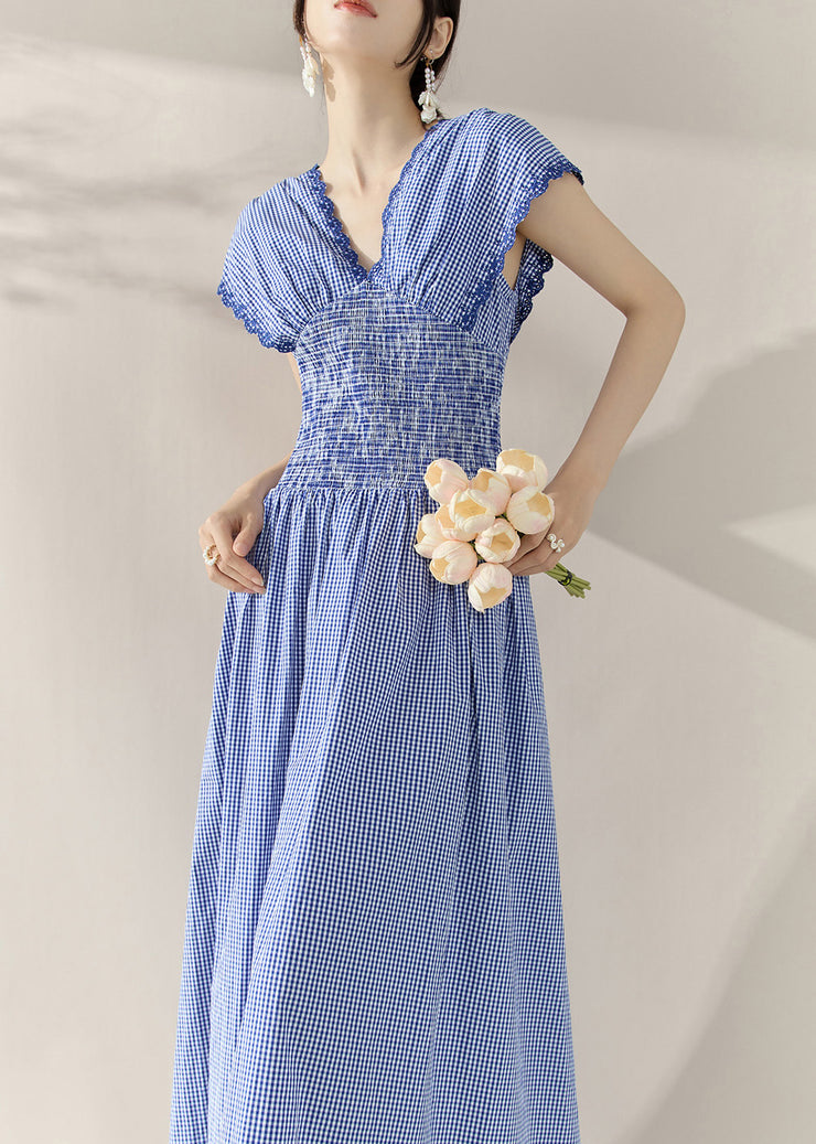 Fitted Blue V Neck Plaid Elastic Waist Holiday Long Dress Summer