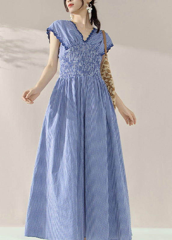 Fitted Blue V Neck Plaid Elastic Waist Holiday Long Dress Summer