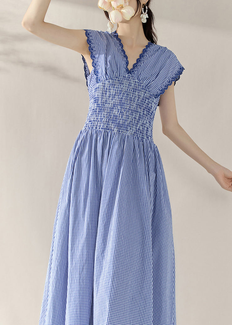 Fitted Blue V Neck Plaid Elastic Waist Holiday Long Dress Summer