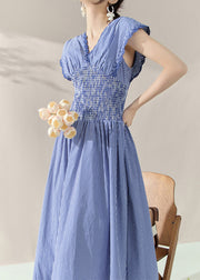Fitted Blue V Neck Plaid Elastic Waist Holiday Long Dress Summer