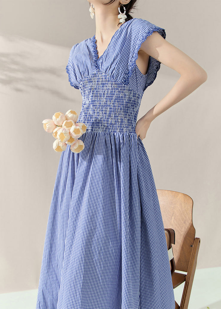 Fitted Blue V Neck Plaid Elastic Waist Holiday Long Dress Summer