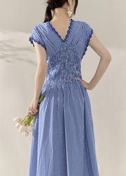 Fitted Blue V Neck Plaid Elastic Waist Holiday Long Dress Summer