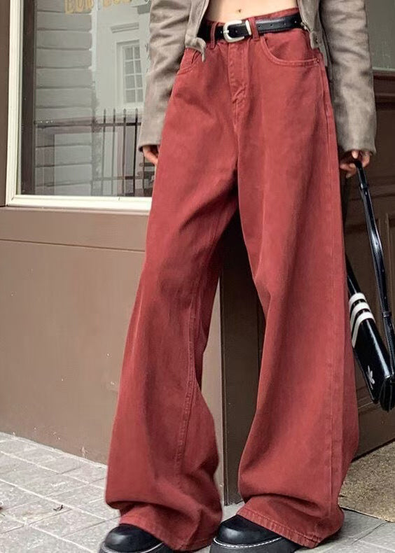 Fitted Brick Red Oversized Denim Straight Pants Fall