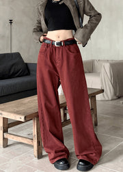 Fitted Brick Red Oversized Denim Straight Pants Fall