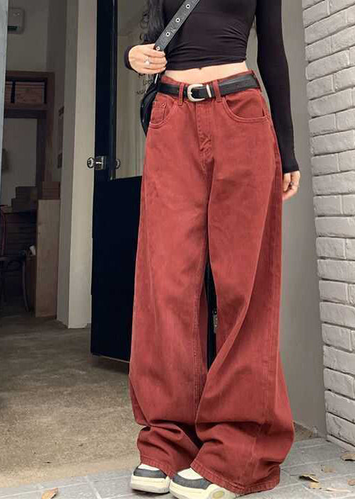Fitted Brick Red Oversized Denim Straight Pants Fall