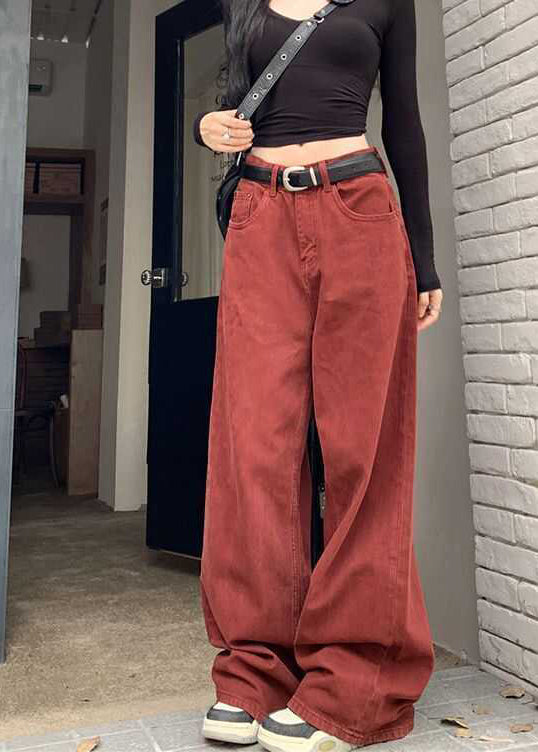 Fitted Brick Red Oversized Denim Straight Pants Fall