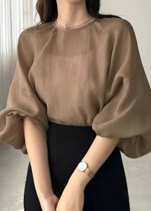 Fitted Brown Oversized Chiffon UPF 50+Shirts Fall