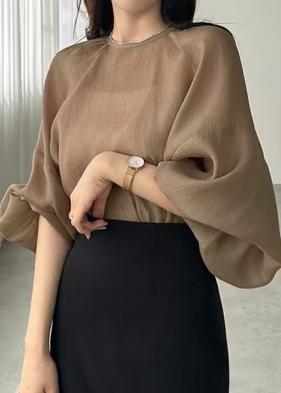 Fitted Brown Oversized Chiffon UPF 50+Shirts Fall