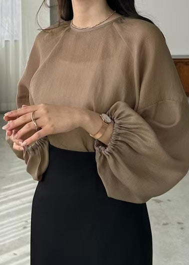 Fitted Brown Oversized Chiffon UPF 50+Shirts Fall
