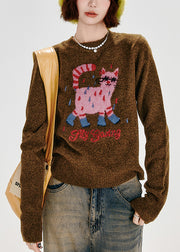 Fitted Caramel Embroidered Dog Thick Knit Sweater Tops Winter