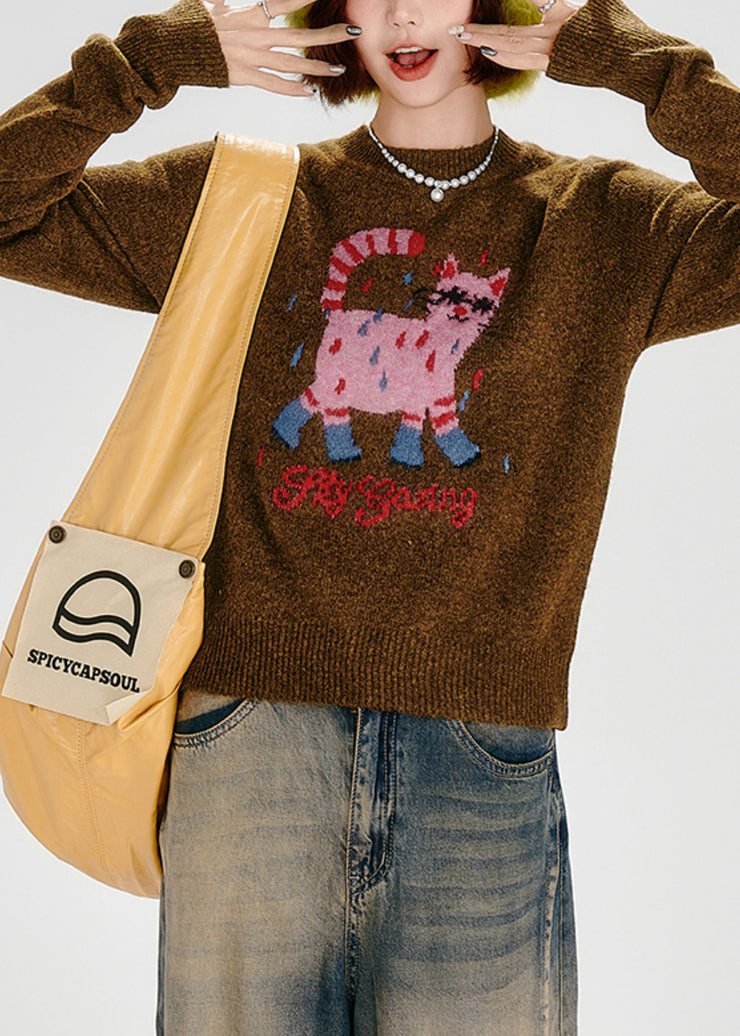 Fitted Caramel Embroidered Dog Thick Knit Sweater Tops Winter