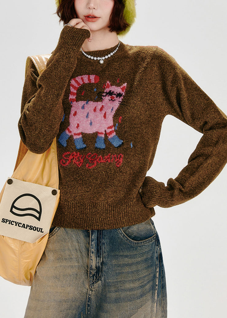 Fitted Caramel Embroidered Dog Thick Knit Sweater Tops Winter