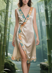 Fitted Champagne Patchwork Side Open Silk Day Dress Sleeveless