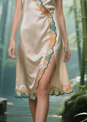 Fitted Champagne Patchwork Side Open Silk Day Dress Sleeveless