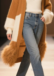 Fitted Coffee Oversized Patchwork Faux Fur Knit Long Cardigans Winter