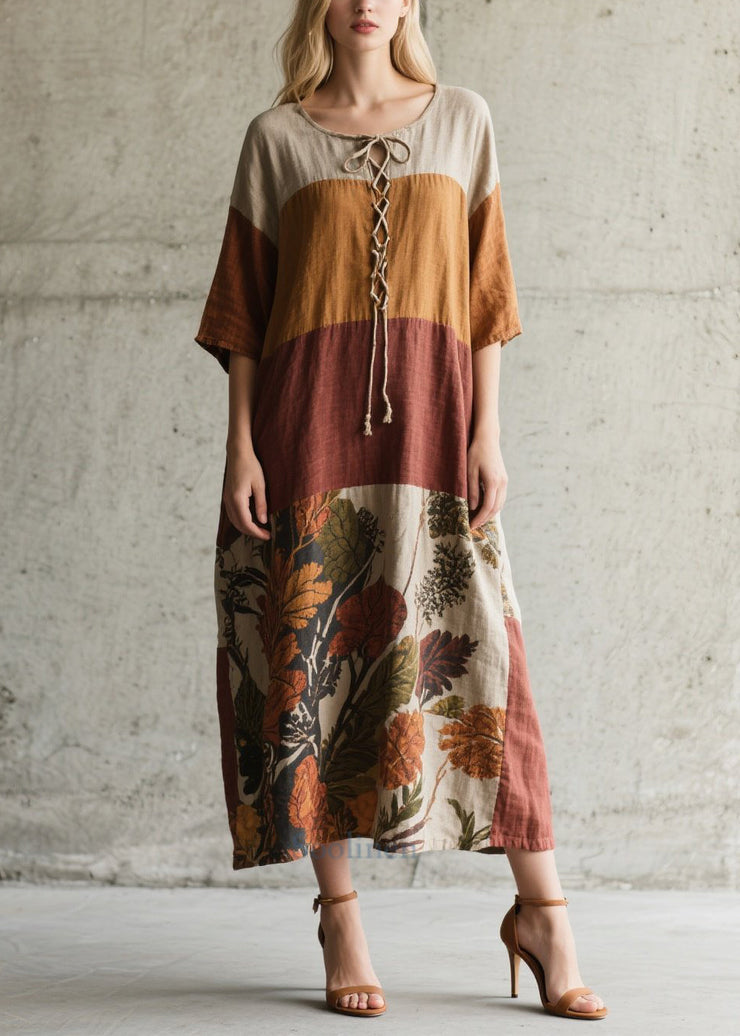 Fitted Colorblock Cross Strap Print Cotton Robe Dress Summer