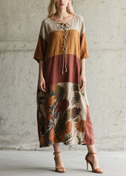 Fitted Colorblock Cross Strap Print Cotton Robe Dress Summer